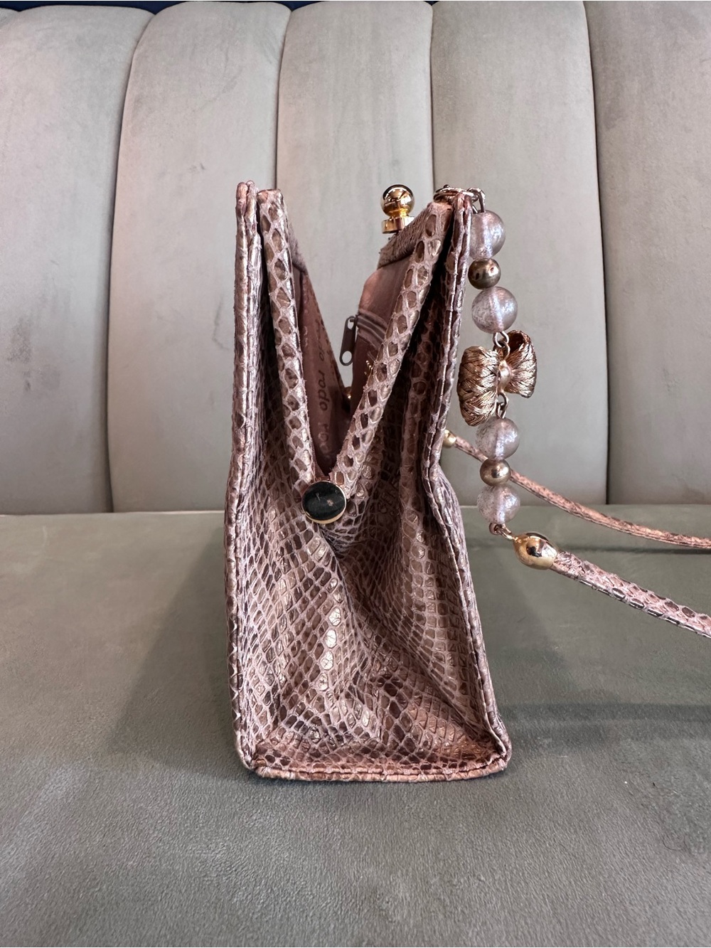 Vintage RODO Italy Snakeskin Evening Clutch Beaded Strap - Picture 3 of 16